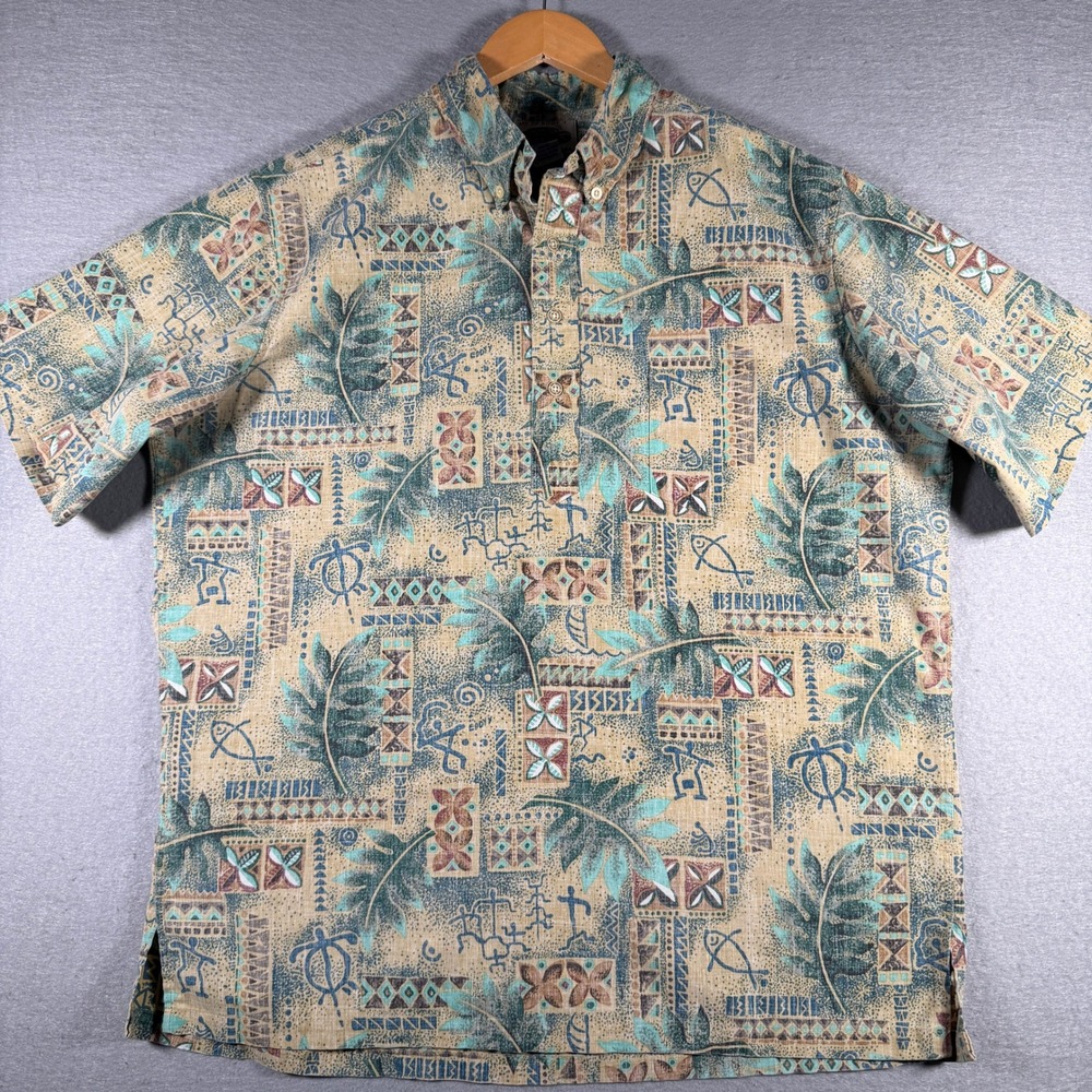 Art of Eddy Mens Tribal Tropical Print Popover Shirt Tan Teal Sea Turtle XL